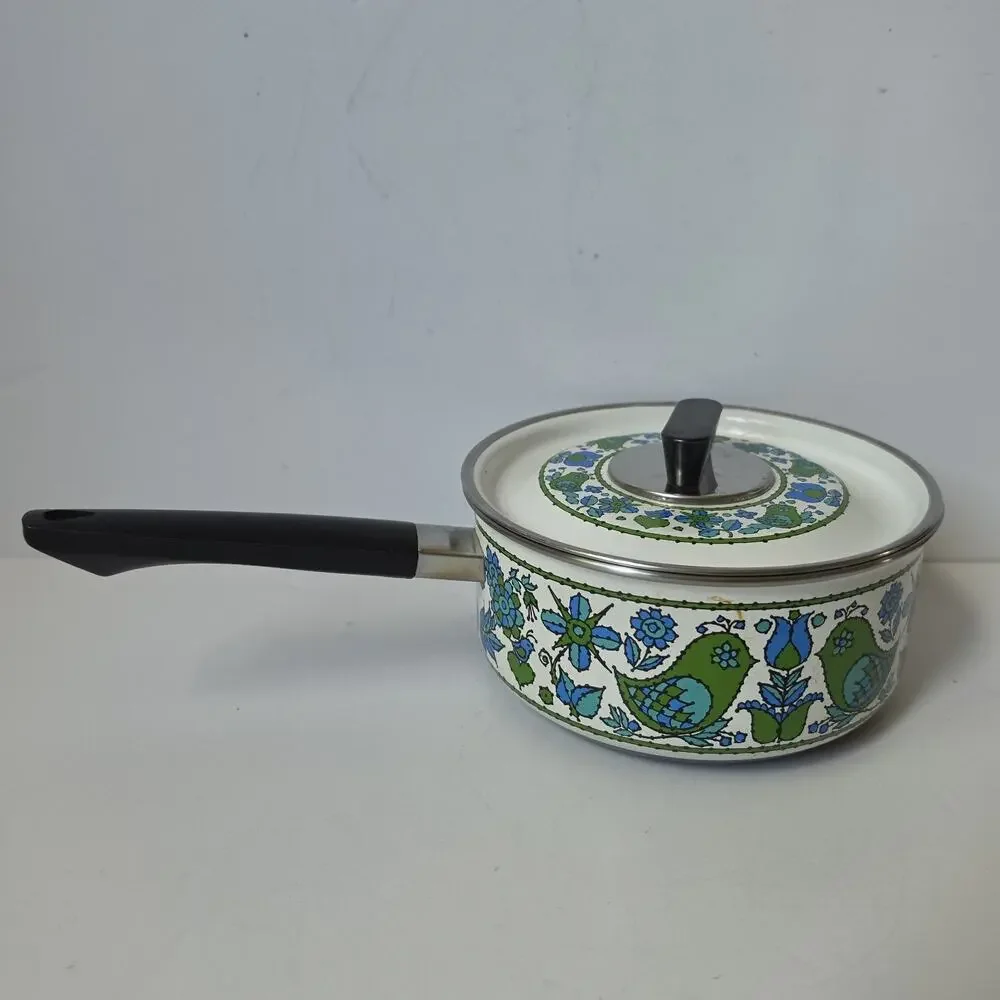 Vintage Fancipans Enamel Saucepan 1 Qt Lid Green Blue Bird Folk Art 1970s Retro